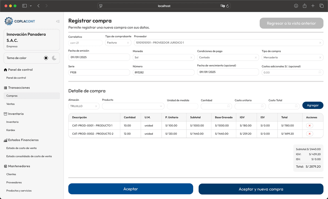 Coplacont - Crear compra