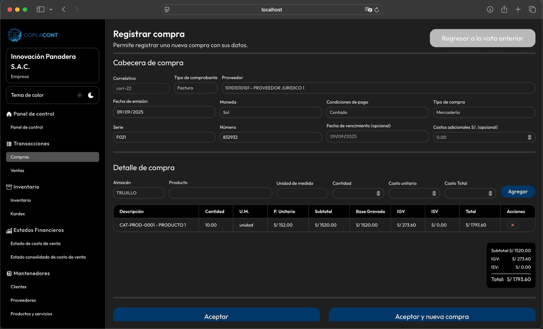 Coplacont - Crear venta
