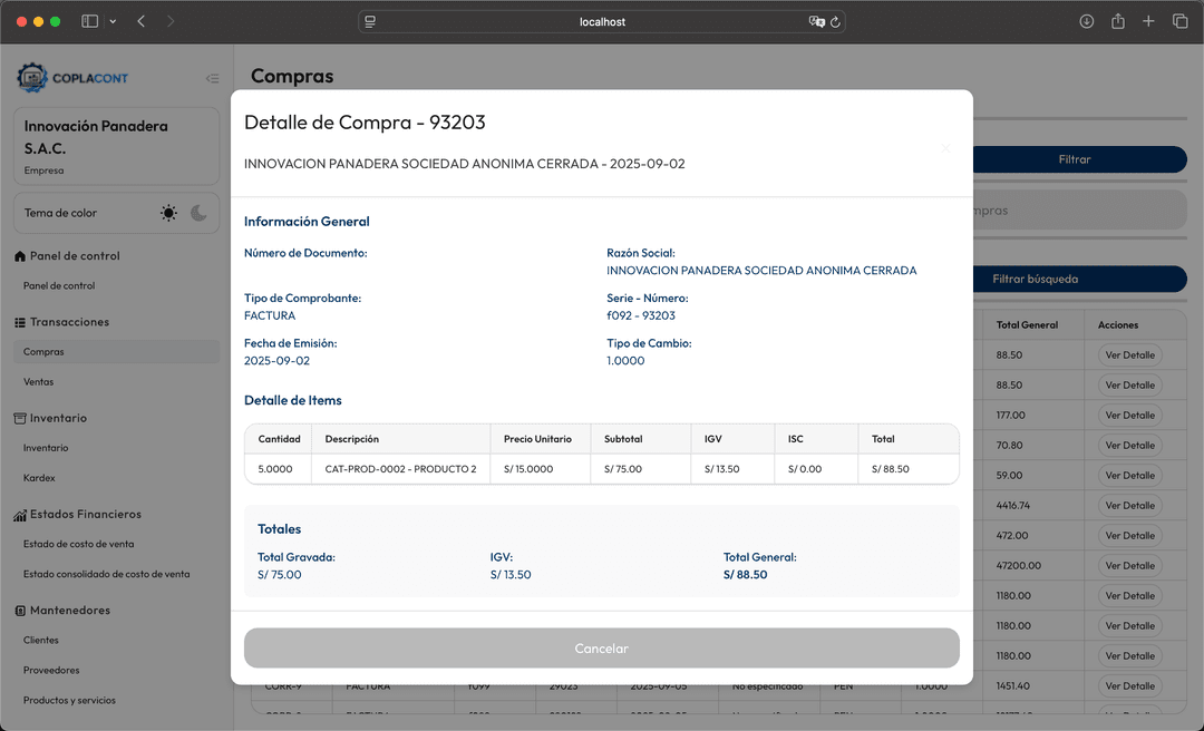 Coplacont - Detalle compra